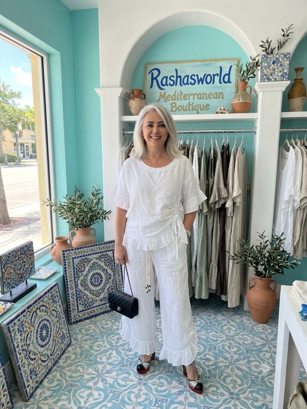 Rashasworld 100% linen white  silk ruffle Wide Leg Pants & Top Set O/S